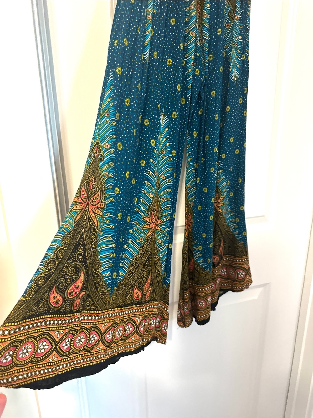 Teal Print Colorful Wide-Leg Bohemian Pants